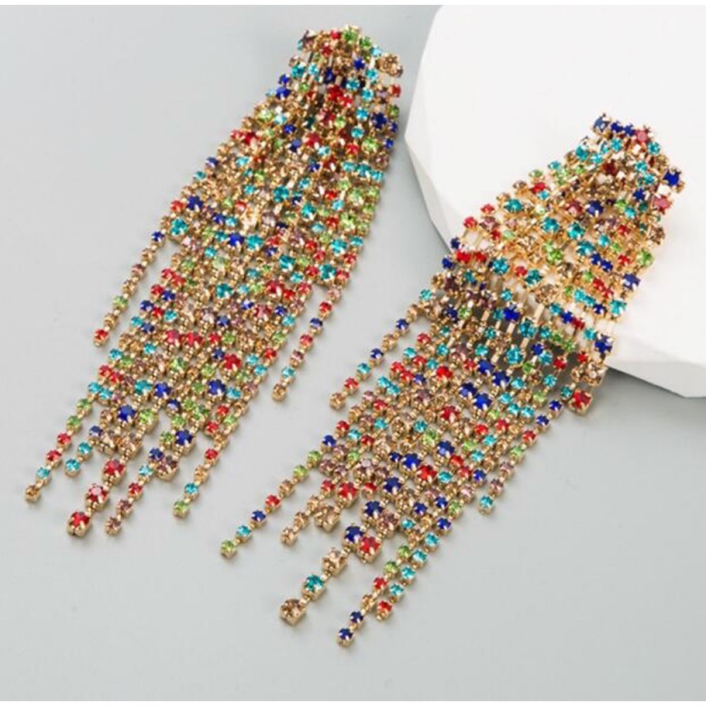Gold rhinestone tassel drop earrings
